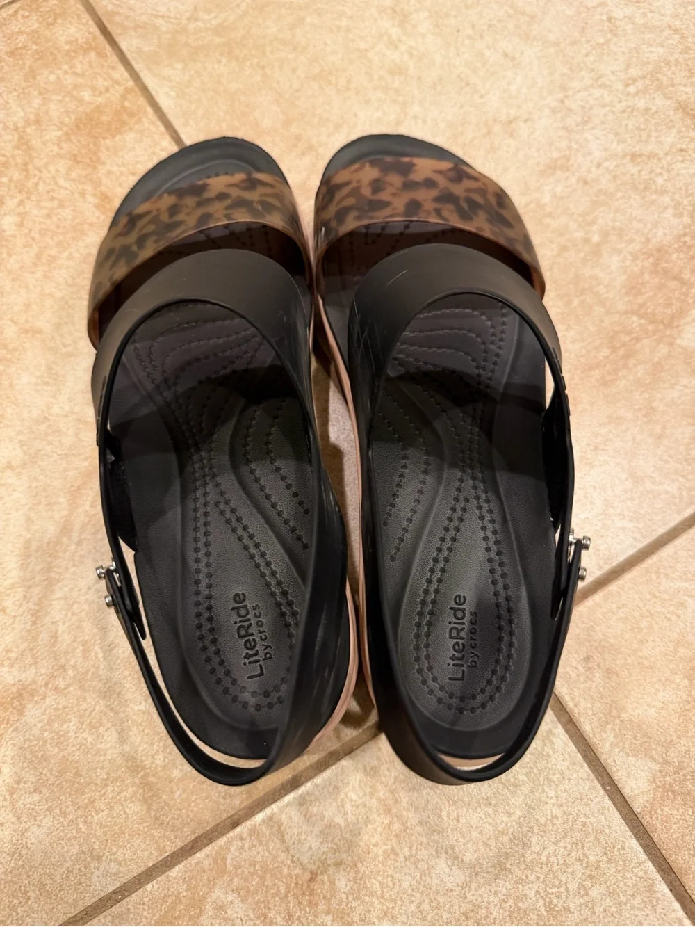 CROCS Women's Black and Leopard Print Wedge Sandals